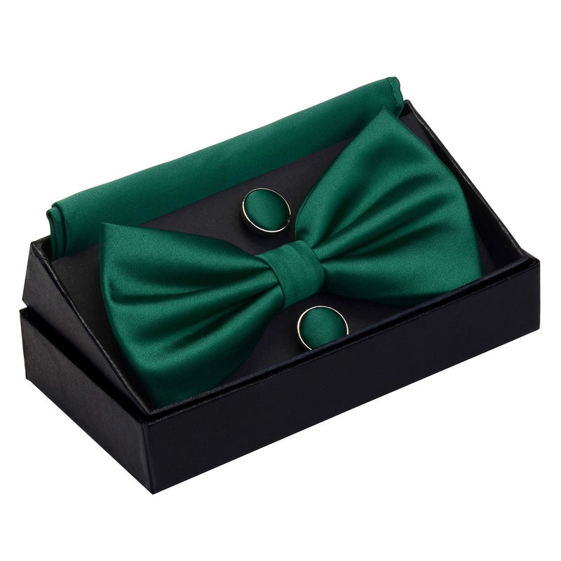 GUSLESON Mens Dark Green Wedding Bow tie Double Fold Pre-tied Bowtie and Pocket Square Cufflink Set Accessories (0570-10) - Image 2